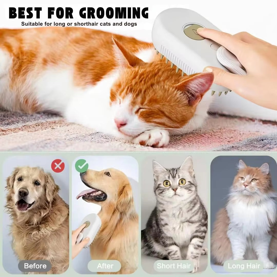 3-in-1 Electric Pet Hair Brush – Steam Spray Comb, Massage & Hair Removal Tool for Dogs and Cats
