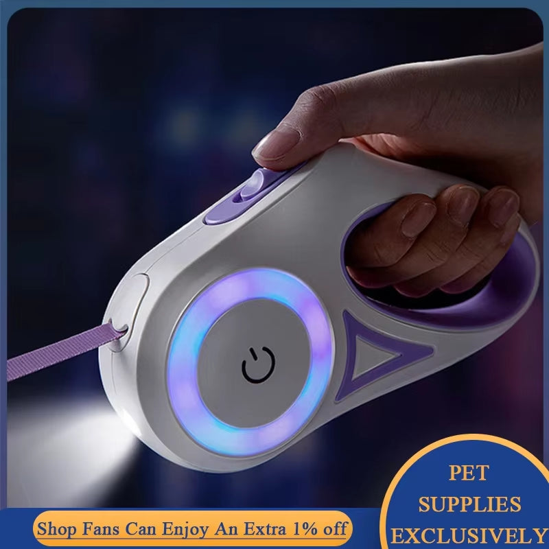 Green Luminous Automatic Retractable Dog Leash with Flashlight & RGB LED Safety Light – 3M/5M, Tangle-Free, Anti-Slip Handle for Night Walks and Ultimate Control (For Dogs up to 20kg)