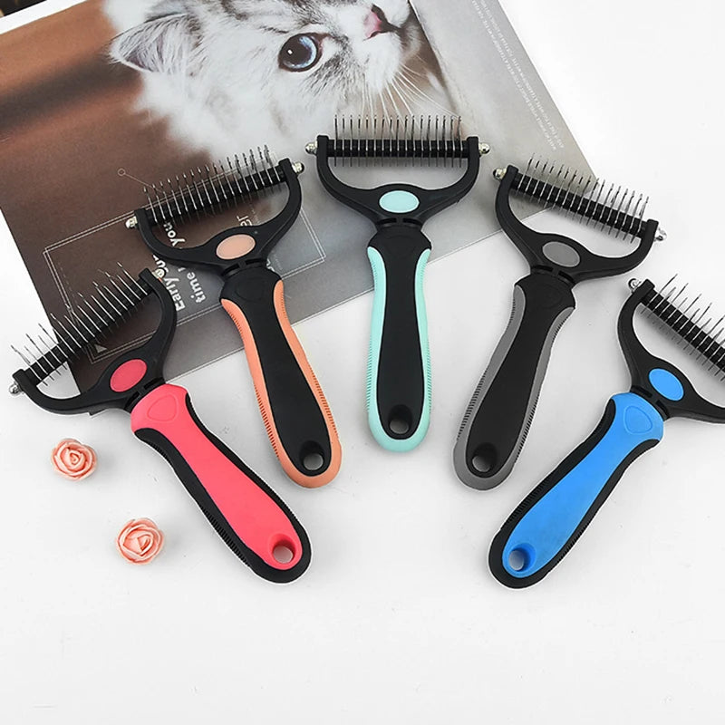 Professional Pet Deshedding Brush – Dog Hair Remover, Fur Knot Cutter & Grooming Comb for Cats and Dogs with Thick Fur – Dual-Head Design, Skin-Safe & Easy Grip Handle